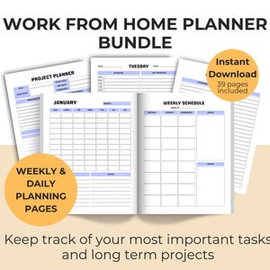 Könnte beinhalten: Ein Home-Office-Planer-Bundle mit Projekt-, Wochen- und Tagesplanungsseiten. Die Seiten sind weiß mit blauen Akzenten und enthalten einen Wochenplan und einen Januar-Kalender. Das Bundle enthält 39 Seiten.