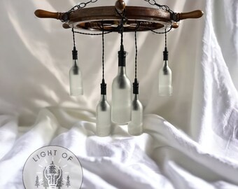 Ship wheel light fixture - The Captain - rustic, nautical chandelier made with hand-cut glass wine bottle pendants and a boat helm