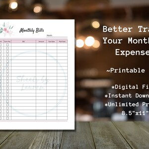 Monthly Bill Tracker I Printable Monthly Bill I Bill Organizer I Instant Download