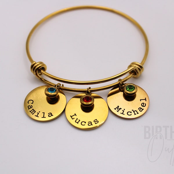 Personalized Birthstone Bracelet, Custom Name Bangle Bracelet with birthstone, Mother's Day, Gift for Mom, Grandma Gift, Personalized Gift