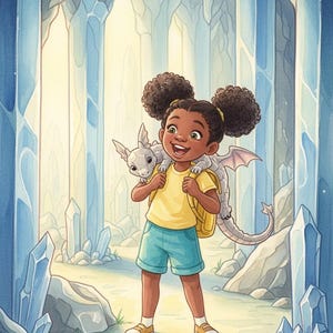 May include: A digital illustration of a smiling child with dark skin, wearing a yellow shirt, blue shorts, and a backpack, walking through a crystal cave. A small, white dragon is perched on the child's shoulders. The background features large, blue crystal formations.