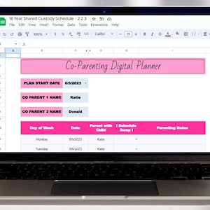 May include: A screenshot of a Google Sheet spreadsheet with the title "Co-Parenting Digital Planner". The spreadsheet is used to track a shared custody schedule. The spreadsheet includes columns for the day of the week, date, parent with child, schedule swap, and parenting notes.