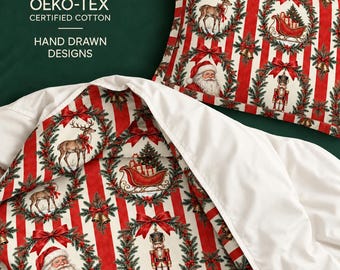 Juego de funda nórdica y fundas de almohada Pabellón de Navidad, 100 % algodón premium con certificación Oeko-Tex, decoración navideña para la cama.