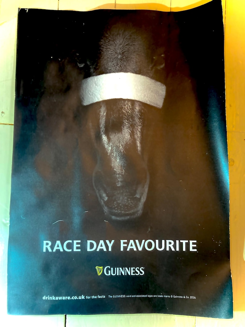 Puede incluir: Una imagen en blanco y negro de la cabeza de un caballo con una cinta blanca. El texto "RACE DAY FAVOURITE" y el logotipo de Guinness est&aacute;n en la parte inferior de la imagen. El texto "drinkaware.co.uk for the facts The GUINNESS word and associated logos are trademarks Guinness & Co. 2016" est&aacute; en la parte inferior de la imagen.