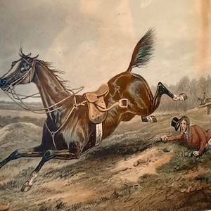 Antique Copper Engraving Depicting A Bolting Horse Hunting Scene. Framed Art