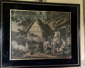 Grabado antiguo de estilo rural británico que representa a un caballero a caballo con niños y perros frente a una cabaña.