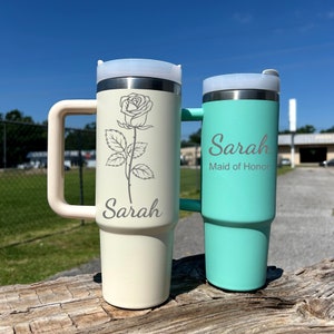 Personalized 30oz Tumbler with Handle | Custom Insulated Stainless Steel Travel Mug, Personalized Tumbler for Women, Bridesmaid Tumbler