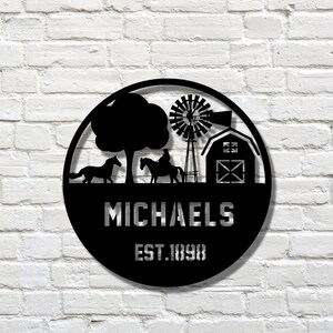 Metal Farm Sign, Barn & Horse, Personalized Family, House Warming Gift, Personalized Gift, Metal Wall Art, Outside Decor, Family Metal Sign