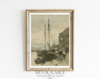 Vintage Muted Nautical Print | Downloadable Digital Art | Moody Seascape Painting | Ship Oil Painting Printable | 1072