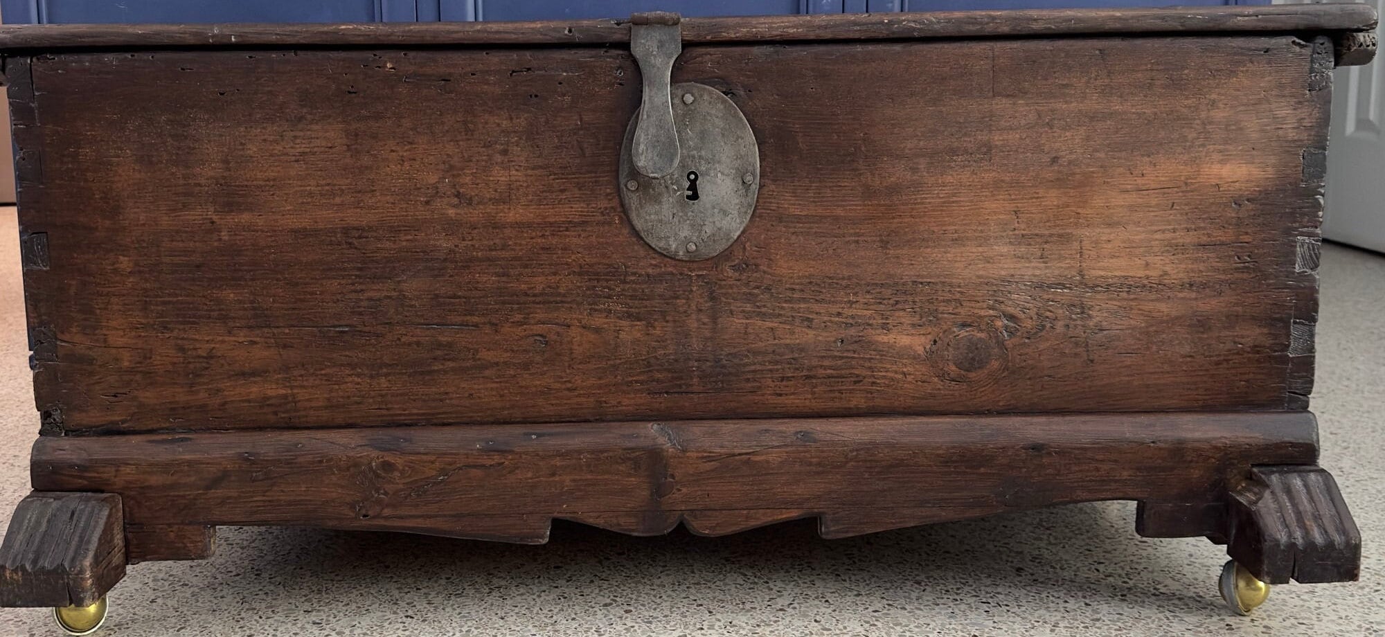 Antique wood trunk, 1700s Primitive Antique Wood trunk, French country decor, treasure chest, Rustic Distressed furniture, Storage Box.