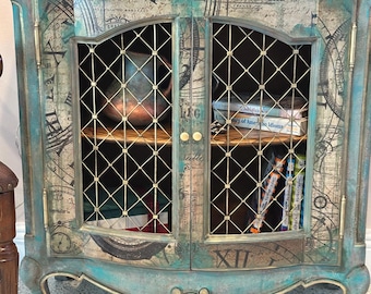 NEW***Vintage cabinet / Antique Cabinet -painted and upcycled with a "Lost in Time " clock -themed