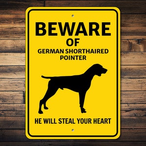 Tenga cuidado con el signo del perro, puntero alemán de pelo corto, signo de silueta de perro, regalo del propietario del perro GSP, señal de advertencia del perro, decoración de la pared del GSP, signo de metal del perro