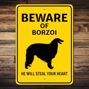 Méfiez-vous du signe de chien barzoï, panneau mural barzoï, panneau d&#39;avertissement de race de chien, cadeau barzoï, amateur de barzoï, cadeau de propriétaire barzoï, signe en métal de chien
