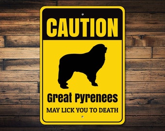 Señal de precaución para perros, señal de los grandes Pirineos, señal de advertencia para perros, regalo de los grandes Pirineos, señal de perro ingeniosa, decoración de Patou, señal de raza de perro, señal de metal para perros