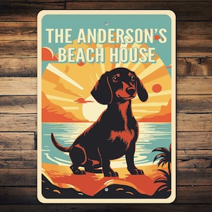 Signo de Dachshund personalizado, signo de playa de Dachshund, regalo de amante de perros, regalo único para dueños de perros, regalo de Dachshund, perro de playa, cartel de metal de perro