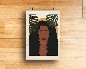 May include: An art print depicting a stylized illustration of a woman with dark skin and long black hair. The artwork features a yellow background, green monstera leaves, and a neutral colour palette. The print is displayed on a wooden background.