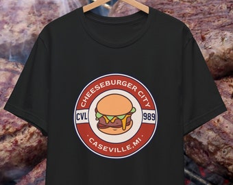 Camiseta de manga corta unisex para amantes de las hamburguesas de Caseville, MI. Festival de hamburguesas con queso del condado de Middle Huron, Michigan. Divertida camiseta para restaurante gourmet.