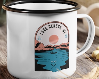 Lake Geneva WI 12oz Camp Cup Outdoor Recreation Vacation Nature Lover Gift, Hiking Fishing Gear Wisconsin  Coffee Lover State Park Souvenir
