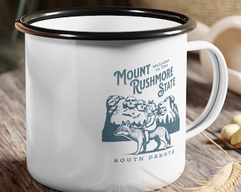 12oz Enamel Camp Cup, South Dakota Mount Rushmore State Mug, Camping Hiking Fishing Gift, Outdoor Adventure Lover National Park Black Hills