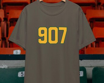 Alaska 907 Area Code T-Shirt: Gold Font State Pride - The Last Frontier