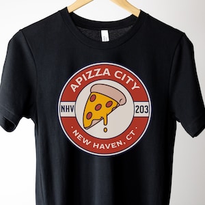 New Haven CT Apizza City T-shirt unisexe à manches courtes Apizza de style New Haven, restaurant avec four en briques au feu de charbon Harbor, gastronome NHV 203
