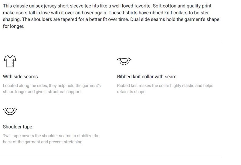 Puede incluir: Gr&aacute;fico blanco que describe una camiseta cl&aacute;sica unisex de manga corta de jersey. Incluye costuras laterales, cuello de punto acanalado con costura y cinta para los hombros. El texto destaca el algod&oacute;n suave, la impresi&oacute;n de calidad y el mejor ajuste.