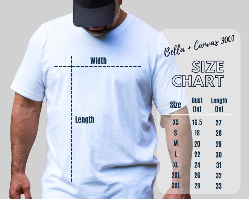 May include: A white Bella + Canvas 3001 t-shirt size chart with measurements in inches. The chart shows bust and length measurements for sizes XS, S, M, L, XL, 2XL, and 3XL.