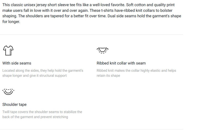 May include: Diagram showing the construction details of a short-sleeved t-shirt. The diagram shows the side seams, ribbed knit collar with seam, and shoulder tape.