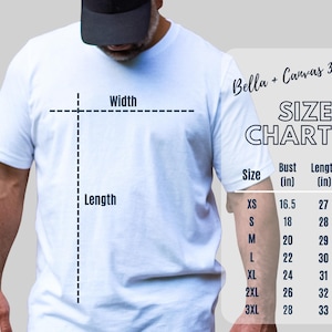 Op de afbeelding: Een wit Bella + Canvas 3001 t-shirt maattabel met metingen in inches. De tabel toont borst- en lengtemetingen voor maten XS, S, M, L, XL, 2XL en 3XL.