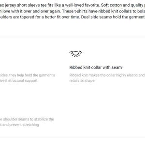 May include: Diagram illustrating the construction details of a short-sleeved t-shirt. The diagram shows the side seams, ribbed knit collar with seam, and shoulder tape.