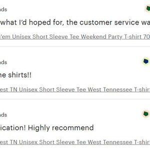 May include: A screenshot of Etsy customer reviews. Each review shows a 5-star rating, a recommendation, and a comment. The reviews praise the shirt quality and customer service. Dates and usernames are also visible.