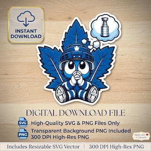 Könnte beinhalten: Blau-weißer Cartoon-Aufkleber eines Hockeyspielers in einem Ahornblatt, der vom Stanley Cup träumt. Der Aufkleber hat den Text "DIGITAL DOWNLOAD FILE" und "INSTANT DOWNLOAD".