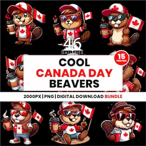 Puede incluir: Paquete de descarga digital con castores de dibujos animados celebrando el Día de Canadá. Cada castor lleva gafas de sol, un atuendo rojo y blanco y un sombrero, sosteniendo una taza de café y una bandera canadiense. El texto dice "COOL CANADA DAY BEAVERS".
