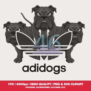 Puede incluir: Un diseño gráfico en blanco y negro con tres bulldogs de dibujos animados con el texto "adidogs" debajo. Los bulldogs están posicionados en forma de triángulo con sus cabezas mirando hacia afuera. El diseño recuerda al logotipo de Adidas.