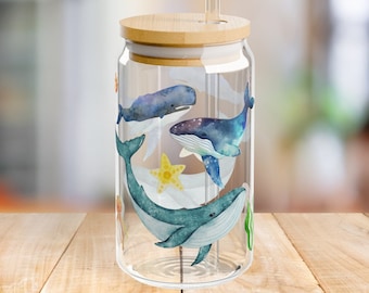 Whales 16oz Sipper Glass, Sea Life Glass, Gift for Ocean Lover, Beach Theme Glassware, Housewarming Gift, Whale Lover Cup, Soda Can Glass