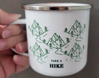 Take A Hike Mug, Enamel Camping Mug, Nature Lover Mug, Gift for Him, Outdoorsman Mug, Metal Camping Cup, Gift for Her, Glamping Mug