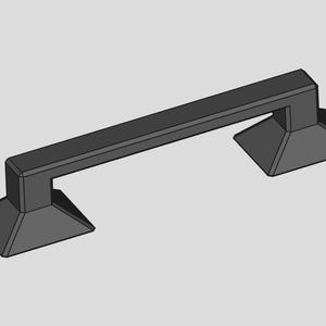 May include: Black metal cabinet pull with a rectangular bar and two square pyramid-shaped bases.