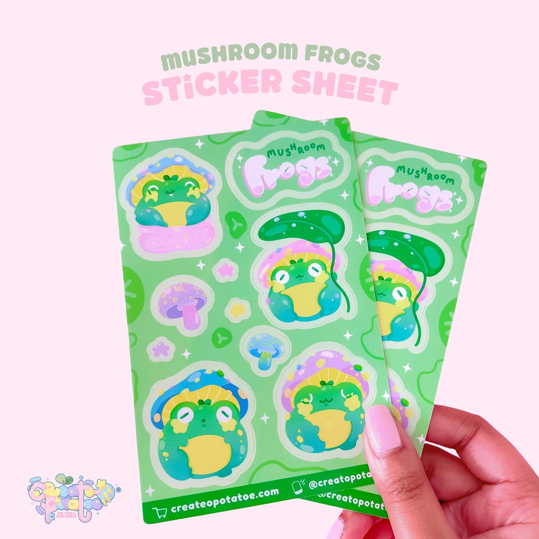 Mushroom Frogs Sticker Sheet | Kawaii Frog Stickers | Die-cut Vinyl ...