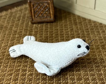 OOAK Vintage Suede Seal Stuffed Animal – 2.75" long - 1:12 Scale Dollhouse Miniature