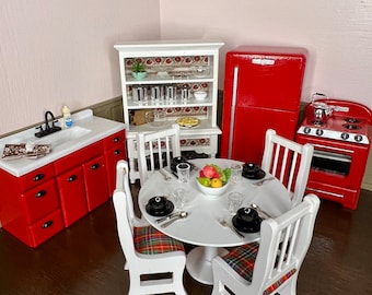 Retro Dollhouse Kitchen – All Appliances, Furniture, and Accessories Included – 1:12 Scale Dollhouse Miniature