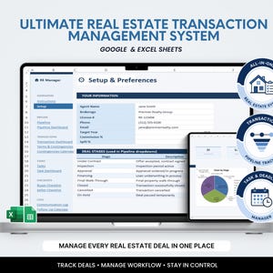 May include: A laptop and tablet display a real estate transaction management system. The screen shows a spreadsheet with data entry fields and a pipeline dashboard. The system includes a task and deadline manager and a pipeline tracker.
