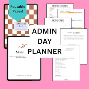 Könnte beinhalten: Ein digitaler Planer mit den Worten "Admin Day Planner" in großen schwarzen Buchstaben. Der Planer enthält Checklisten, Home-Care- und Erledigungsbereiche. Der Hintergrund ist rosa, und der Planer ist für die digitale Nutzung konzipiert.