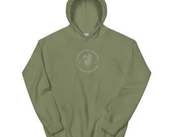 Hoodie met minimalistische bloemenprint – sweater 'Continuous Creation Always Growing' | Motiverende grafische hoodie | Esthetische botanische trui | Cadeau