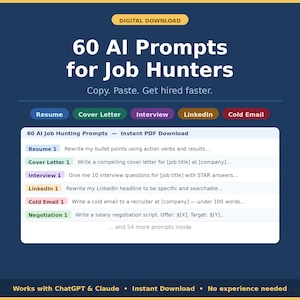 Könnte beinhalten: Ein digitales Download-Grafik mit dem Text "60 KI-Prompts für Jobsuchende". Es enthält Prompts für Lebensläufe, Anschreiben, Vorstellungsgespräche, LinkedIn und Kaltakquise-E-Mails. Die Grafik hat einen dunkelblauen Hintergrund mit weißem und farbigem Text.