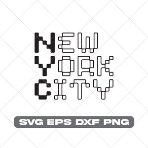 Puede incluir: Diseño gráfico pixelado en blanco y negro de las palabras "NEW YORK CITY".