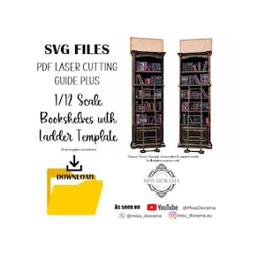 May include: Digital SVG files and PDF laser cutting guide for 1/12 scale bookshelves with a ladder template. The image displays two tall, dark brown miniature bookshelves filled with books and a sliding ladder, alongside a yellow download folder icon.
