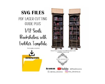 May include: Digital SVG files and PDF laser cutting guide for 1/12 scale bookshelves with a ladder template. The image displays two tall, dark brown miniature bookshelves filled with books and a sliding ladder, alongside a yellow download folder icon.
