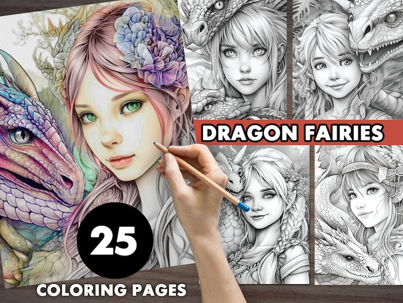 25 Dragon Fairies II Grayscale Coloring Pages Adult Coloring - Etsy
