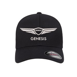 May include: Black baseball cap with a white embroidered Genesis logo and wings. The logo also includes the word "Genesis" in a white font.