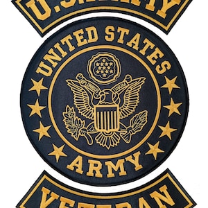 US Army Veteran or Retired Patch Set For Veterans Bikers Motorcycle Jacket or Vest Gold